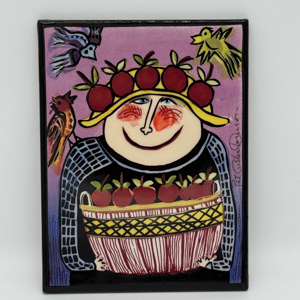 Pat Custer Denison Framed Ceramic Art Tile Apple Basket Harvest Woman Birds 6x8